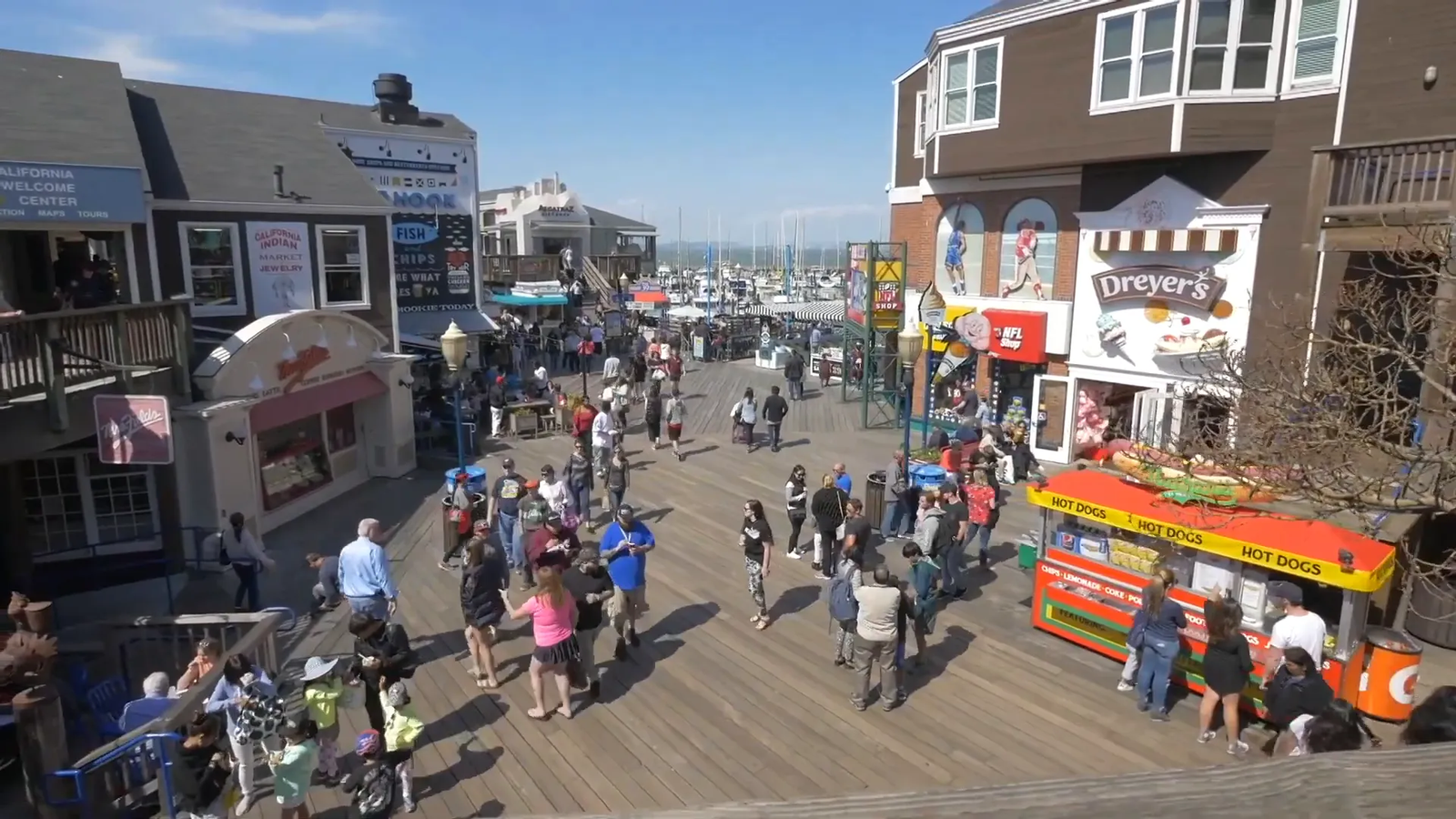 Pier 39 with sea lions and waterfront shops at Fisherman’s Wharf