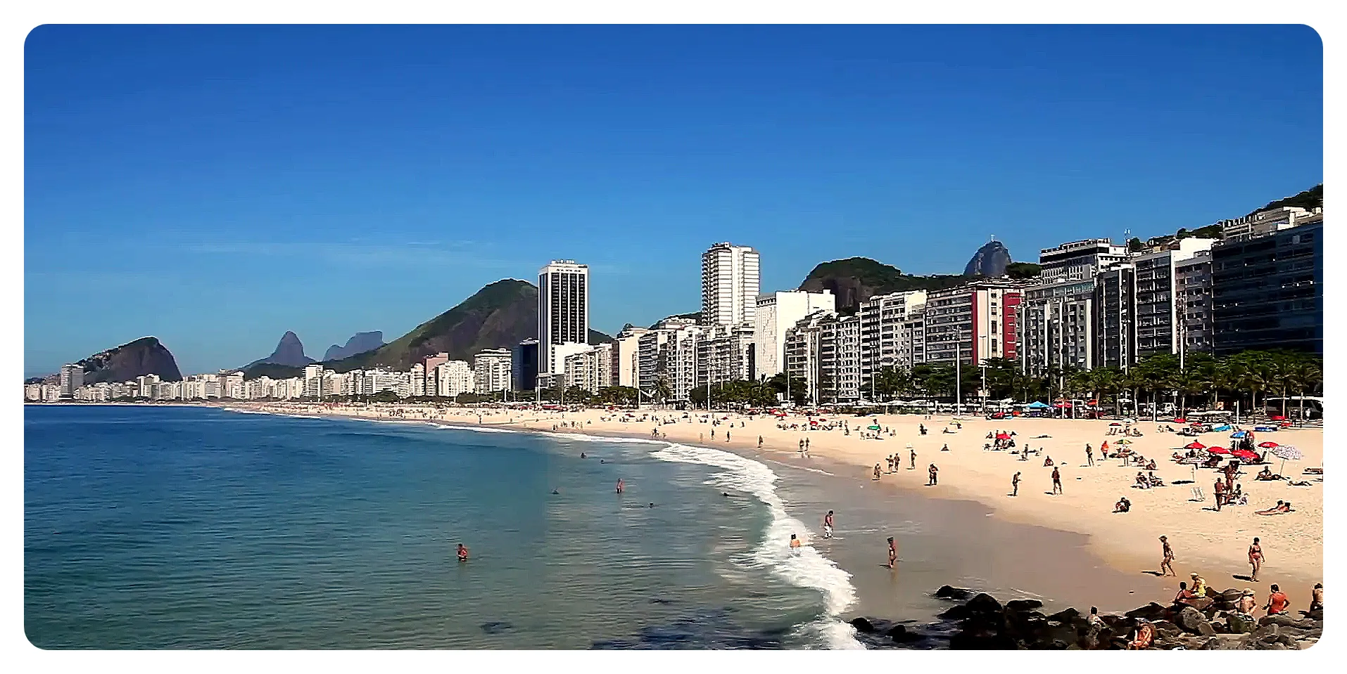 Copacabana Beach promenade with beachgoers and vendors
