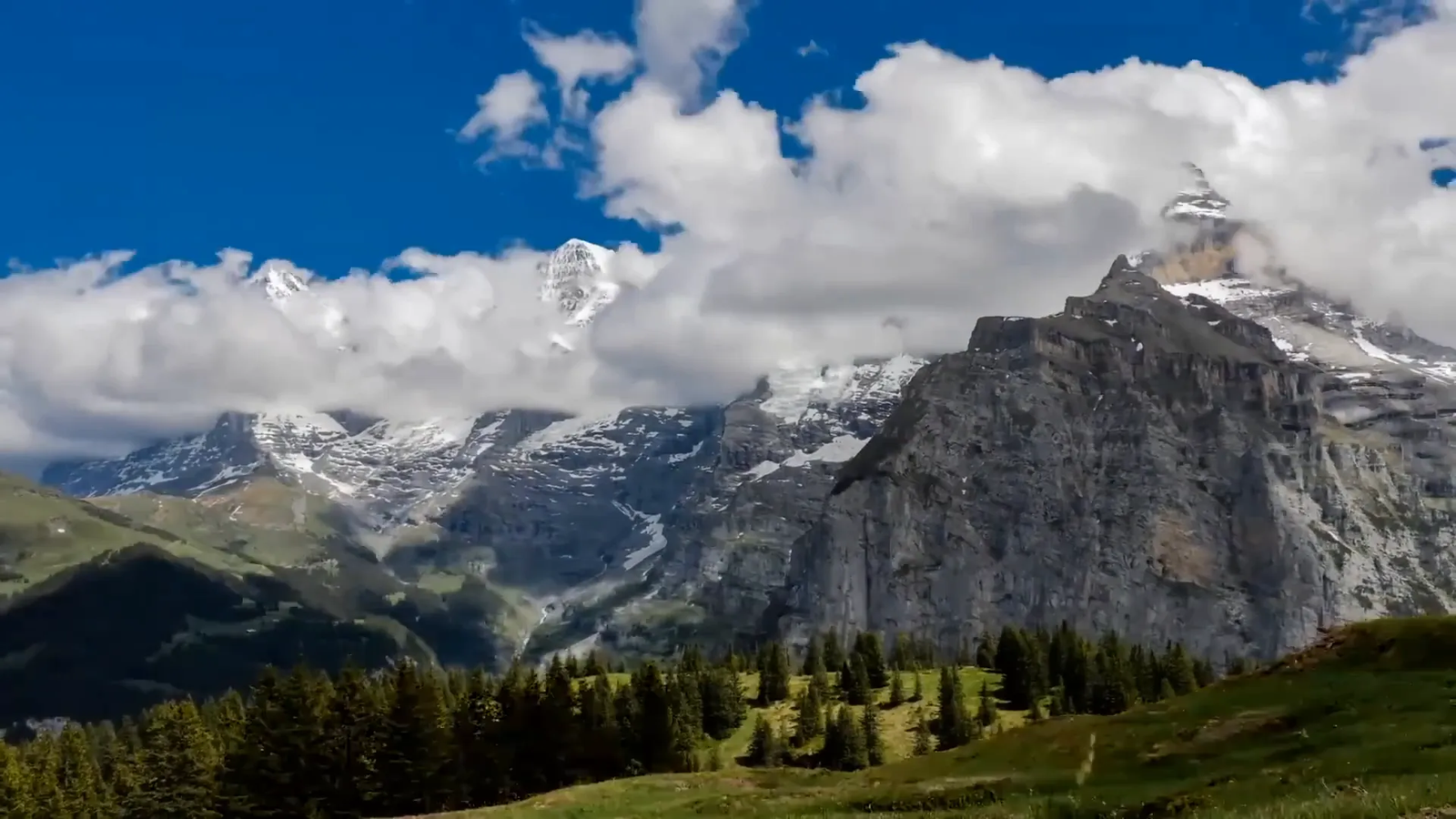 Panoramic view of the Jungfrau Region with mountain peaks and alpine villages
