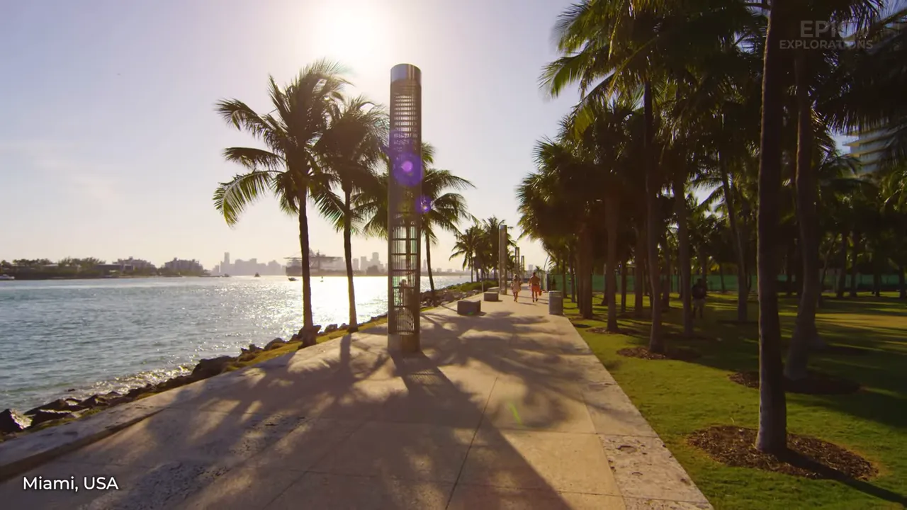 Miami's South Beach Art Deco skyline at sunset, with palm trees and neon lights