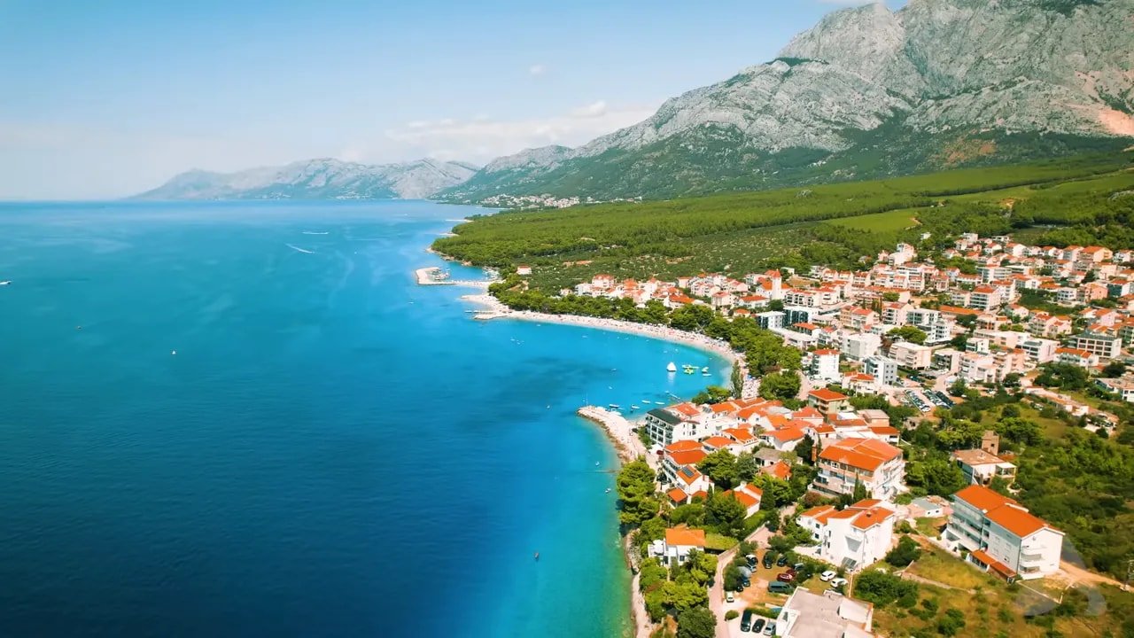 Aerial view of the Croatian coastline dotted with islands
