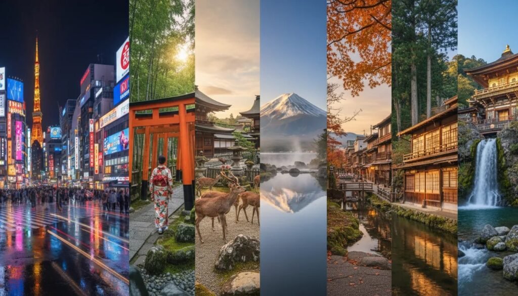 Panoramic collage of Japan's top destinations: Tokyo skyline, Kyoto torii and kimono, Nara deer, Mount Fuji with Hakone onsen, Takayama traditional streets, and Nikko shrine waterfall