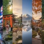 Panoramic collage of Japan's top destinations: Tokyo skyline, Kyoto torii and kimono, Nara deer, Mount Fuji with Hakone onsen, Takayama traditional streets, and Nikko shrine waterfall