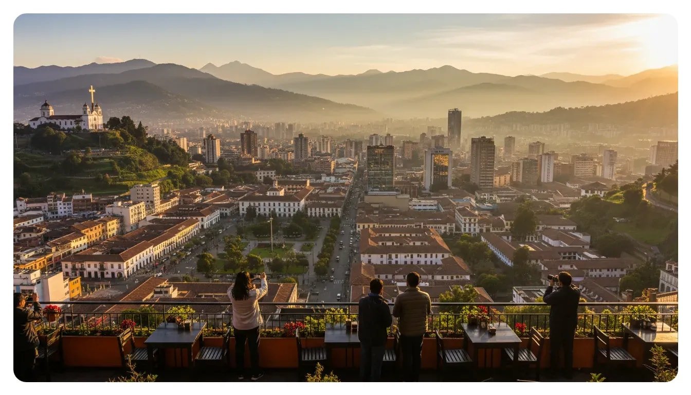 Panoramic view of Bogotá with Monserrate hill and Andes mountains at golden hour