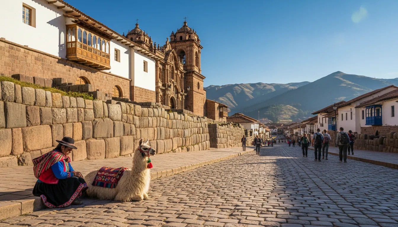 Cusco cobblestone street with Inca stonework, colonial cathedral, Quechua vendor and llama