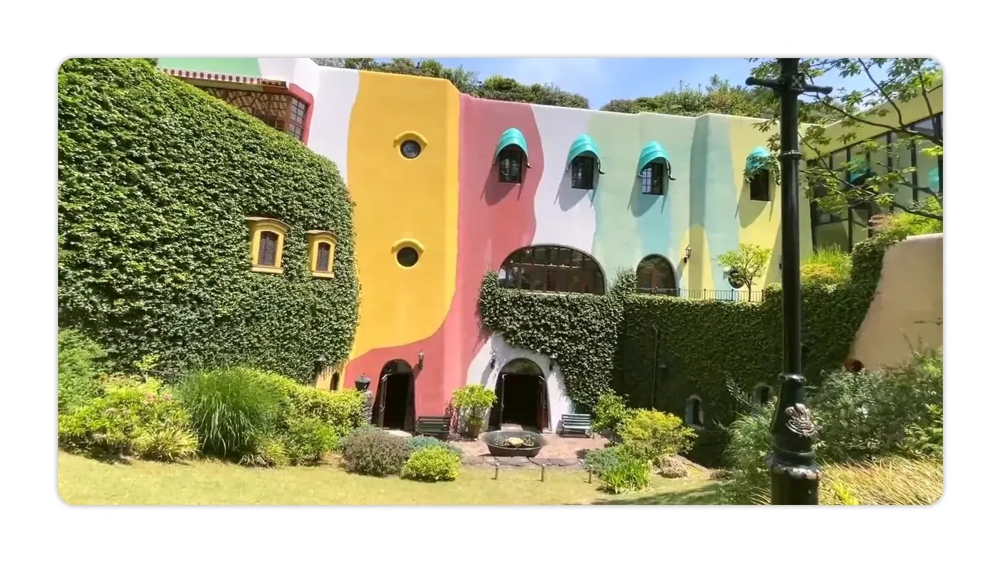 Colorful facade and garden of the Ghibli Museum in Mitaka