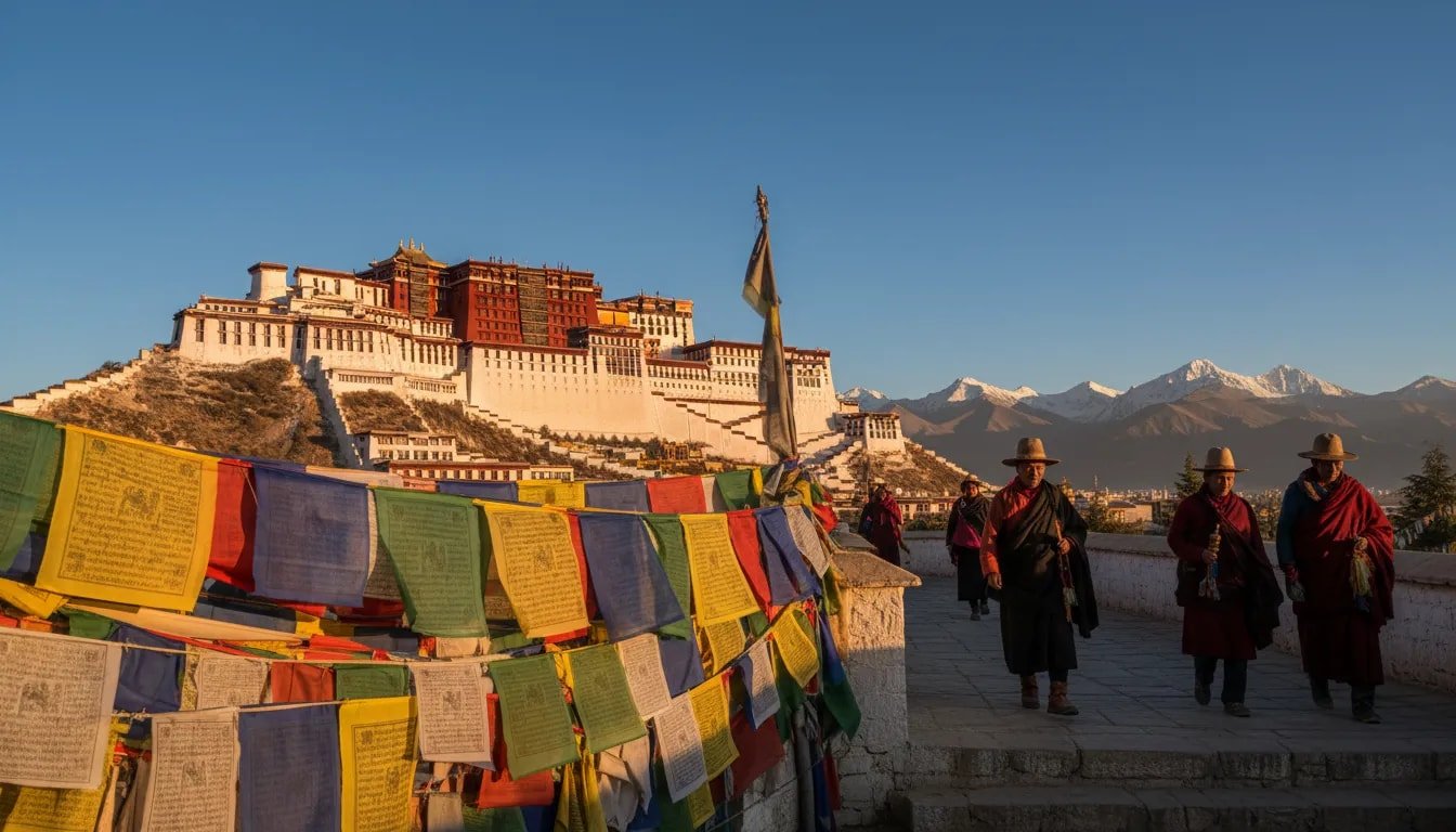 Potala Palace in Lhasa with colorful prayer flags and Tibetan pilgrims under a clear high-altitude sky