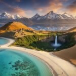 Panoramic collage of Earth's most beautiful places: turquoise lagoon and white-sand beach, palm islet, ancient stone city and terraced ruins, emerald waterfall valley, jagged snow-capped mountains and golden desert dunes at sunset