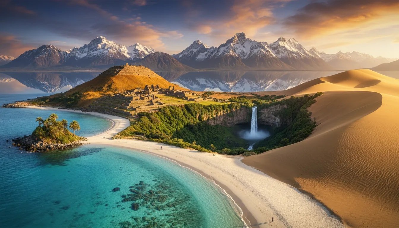 Panoramic collage of Earth's most beautiful places: turquoise lagoon and white-sand beach, palm islet, ancient stone city and terraced ruins, emerald waterfall valley, jagged snow-capped mountains and golden desert dunes at sunset