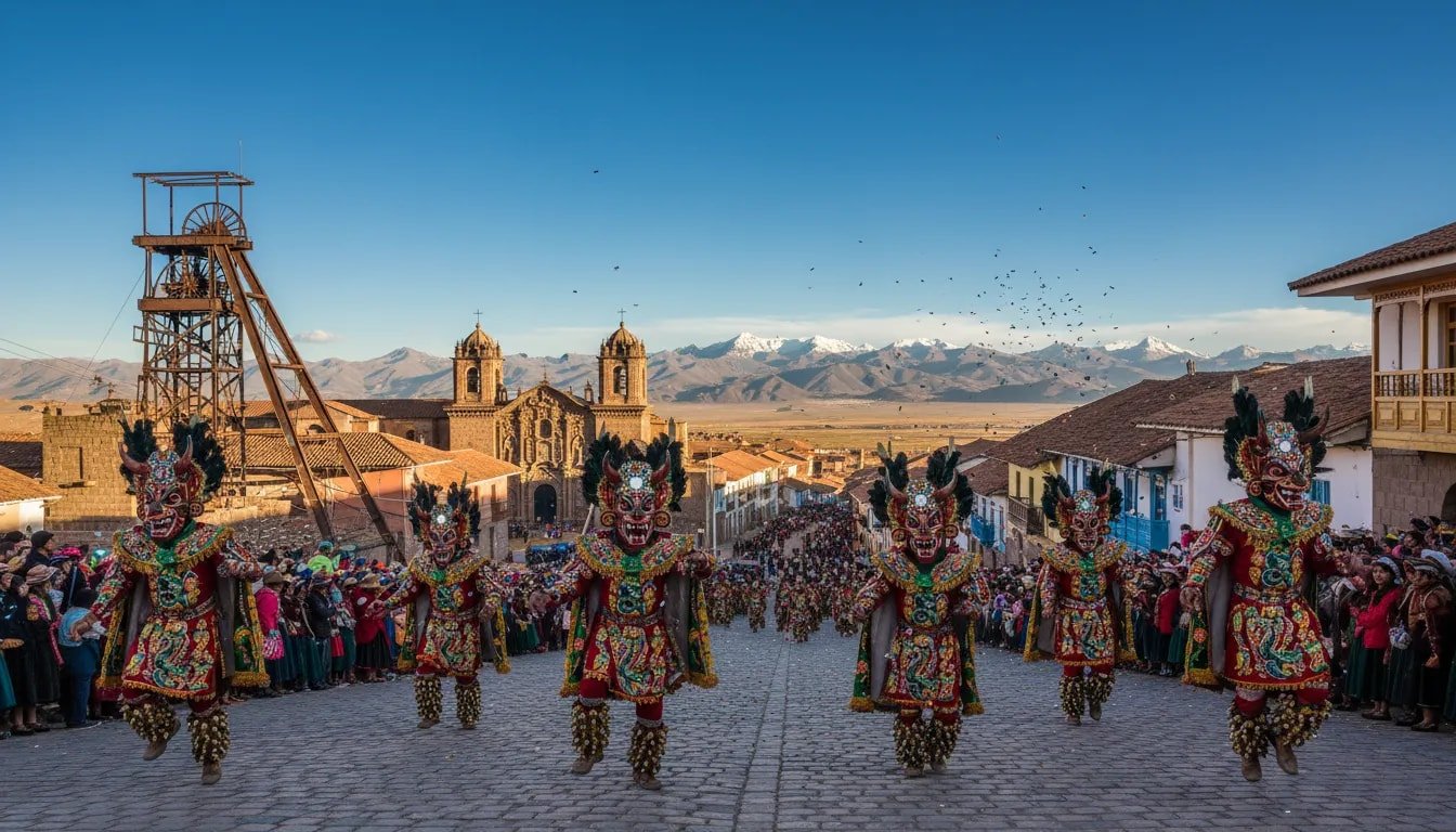 Oruro Carnival dancers in colourful Diablada costumes on a cobbled street with colonial church and Andes mountains in the background