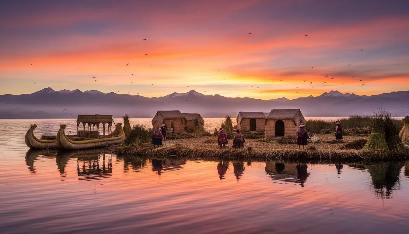 Reed islands and traditional boats on Lake Titicaca at sunset near Puno, Peru, with locals in colorful Andean dress