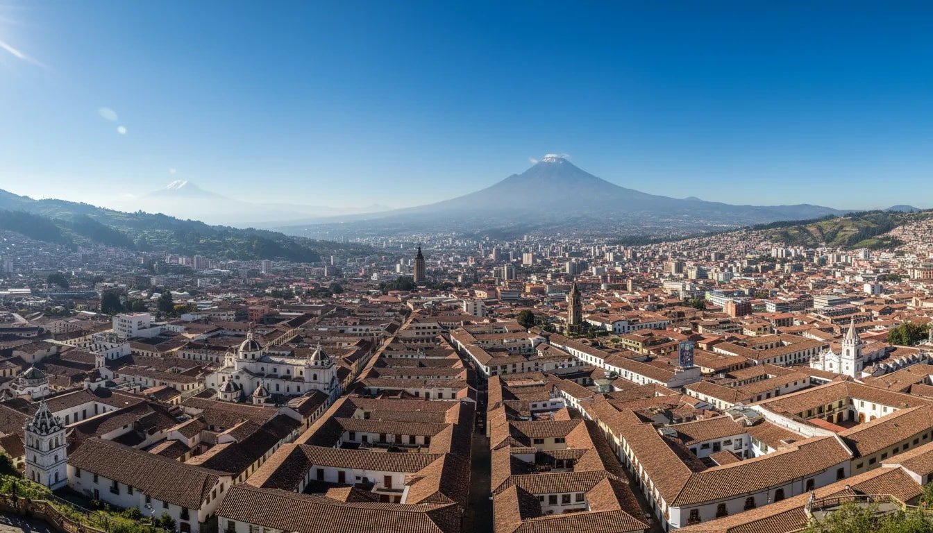 Panoramic view of Quito's colonial rooftops and church spires with Andean volcanoes under a clear blue high-altitude sky