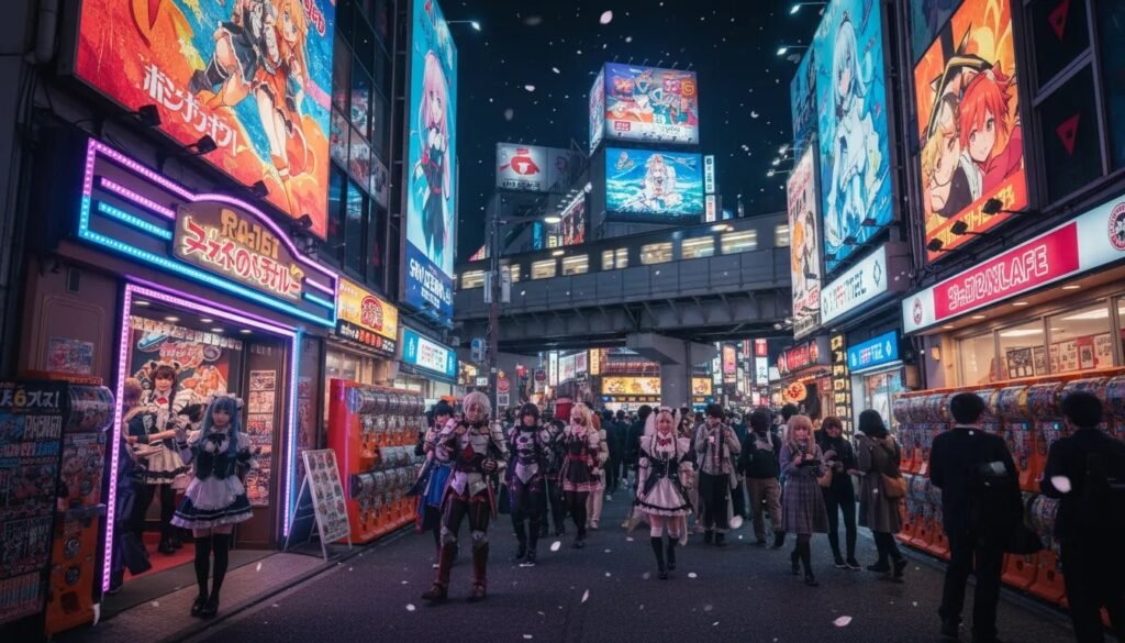 Neon-lit Akihabara street at night filled with anime and manga fans: cosplayers, shoppers at manga stores and gachapon machines, a themed cafe entrance, and colorful anime-style billboards—no visible text