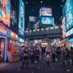 Neon-lit Akihabara street at night filled with anime and manga fans: cosplayers, shoppers at manga stores and gachapon machines, a themed cafe entrance, and colorful anime-style billboards—no visible text