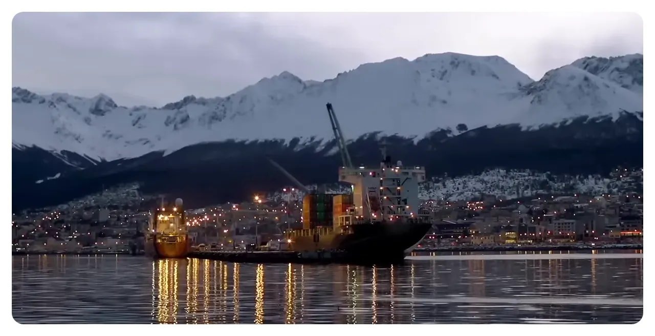 Ushuaia harbour waterfront with Beagle Channel in background