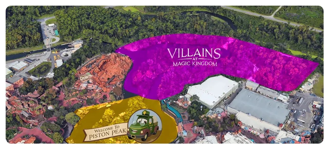 aerial map of Magic Kingdom with purple area labelled 'Villains at Magic Kingdom' and gold area labelled 'Piston Peak' overlayed on the park