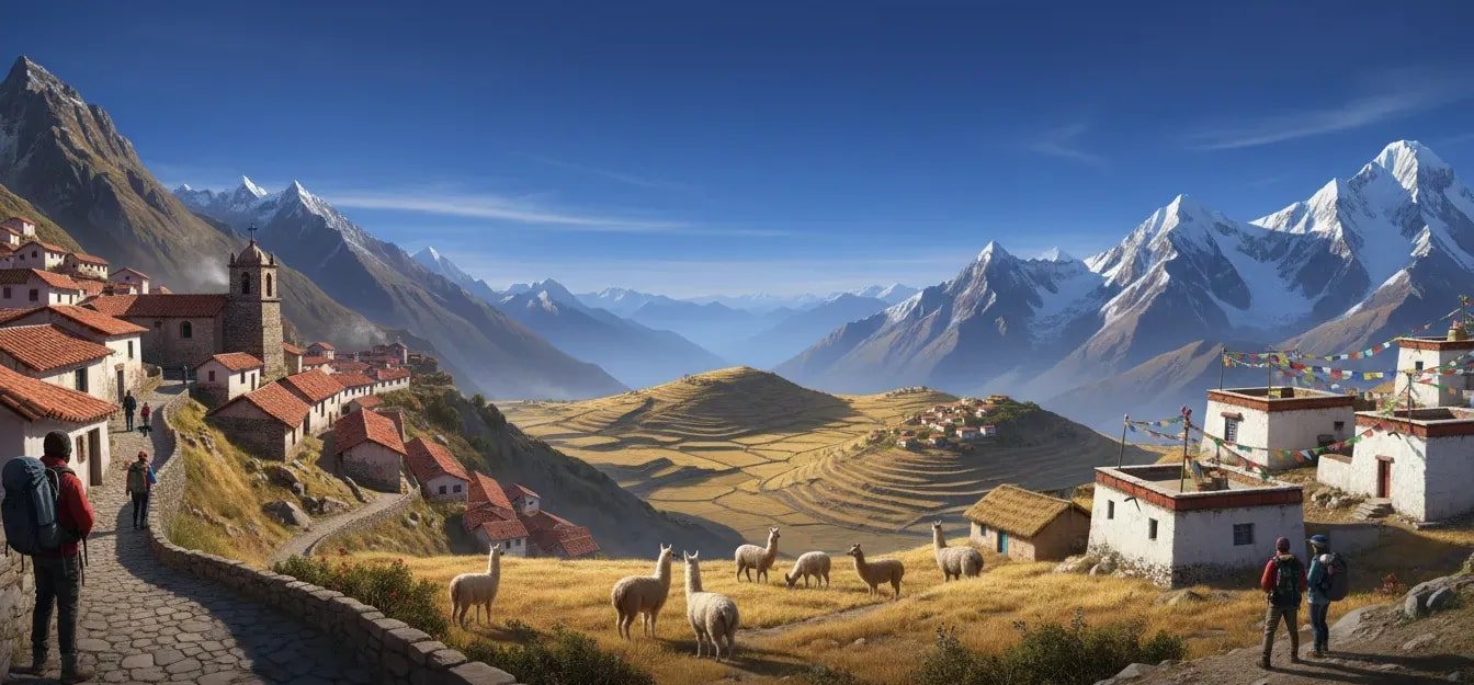 Panoramic montage of high-altitude cities on mountain slopes and plateaus with terraced fields, snow-capped peaks, prayer flags and hikers